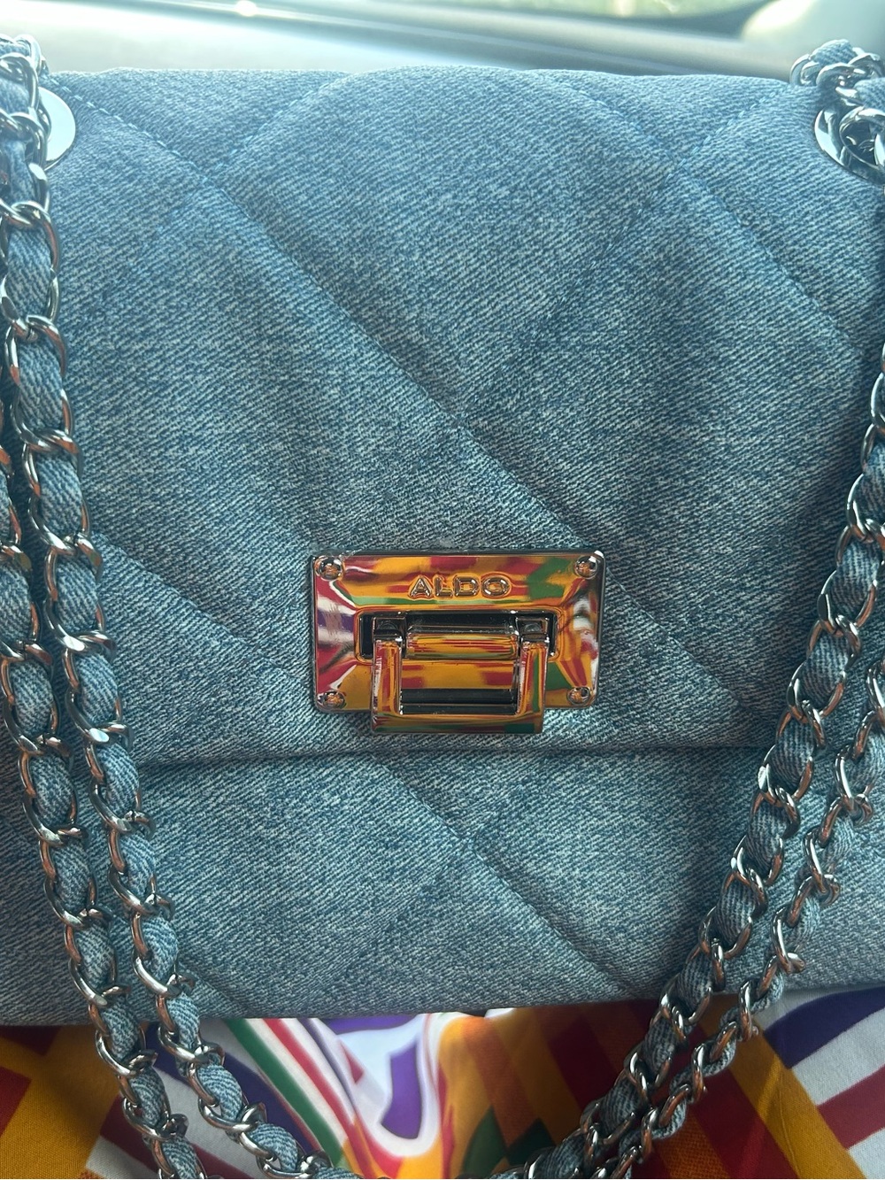 ALDO Quilted Denim Shoulder Bag with Silver Chain